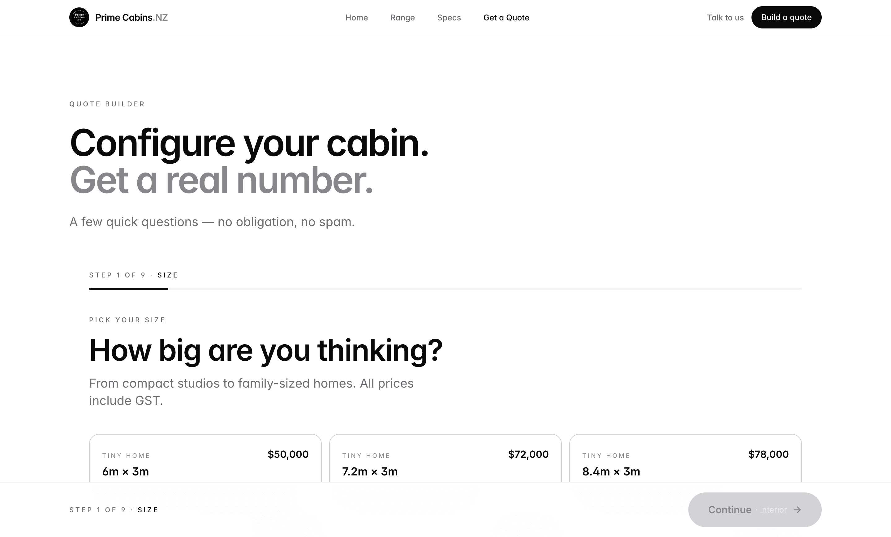 The Prime Cabins quote calculator, showing a customer configuring a transportable cabin online