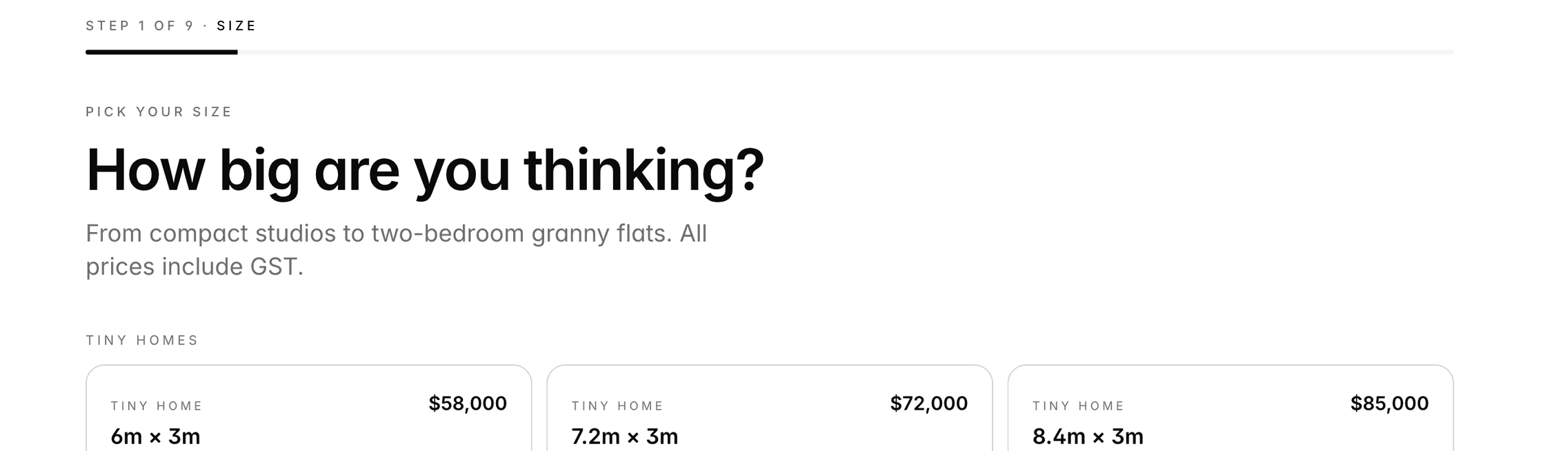 Prime Cabins' live quote calculator: step one, pick your size, with tiny homes priced from $58,000.