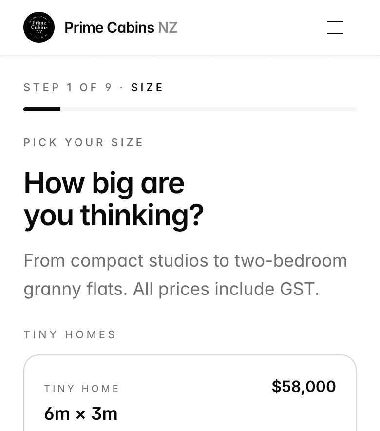 Prime Cabins' live quote calculator on a phone: pick your size, tiny homes priced from $58,000.