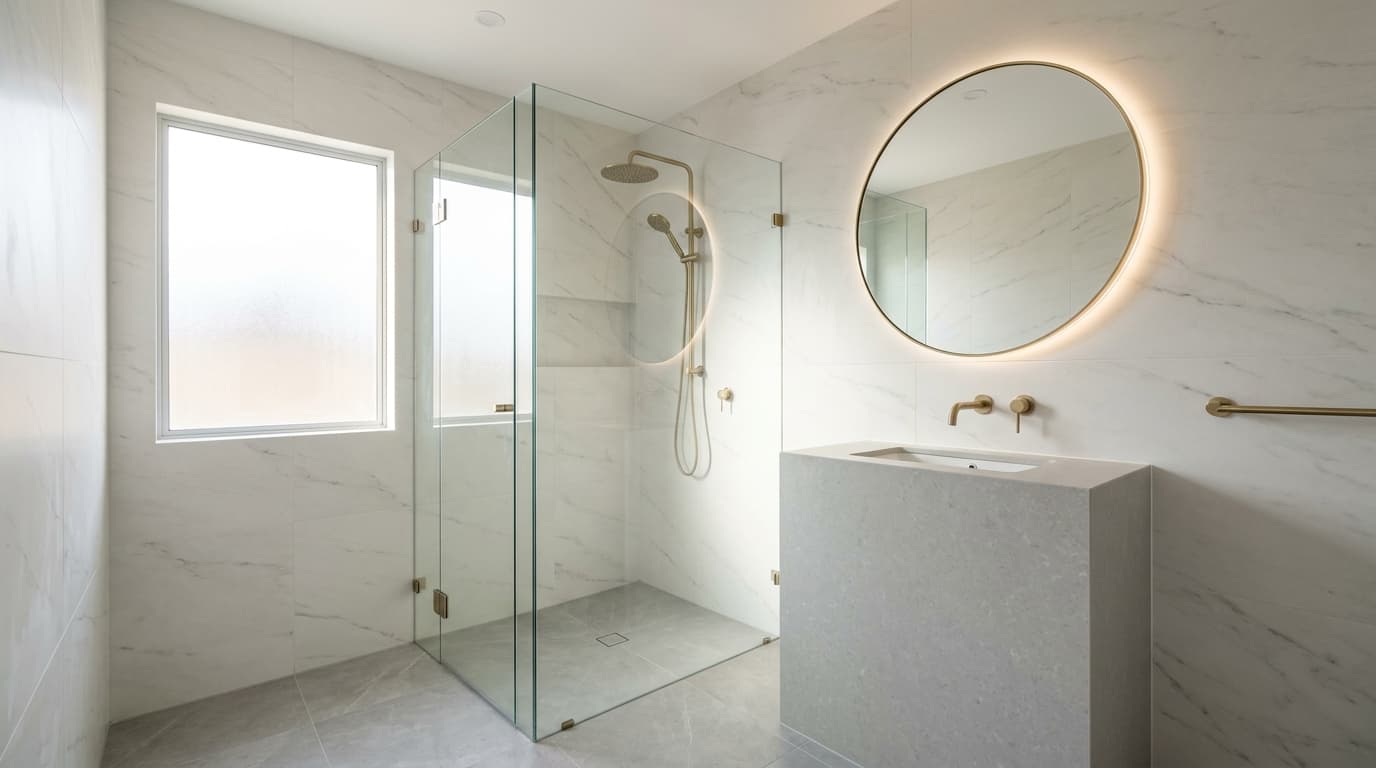 Newly finished bathroom renovation in a modern Australian home.