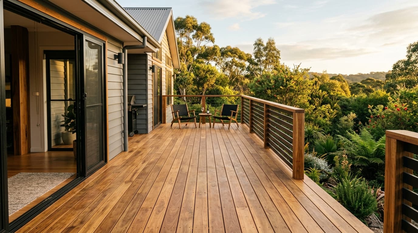 Newly finished decking in a modern Australian home.